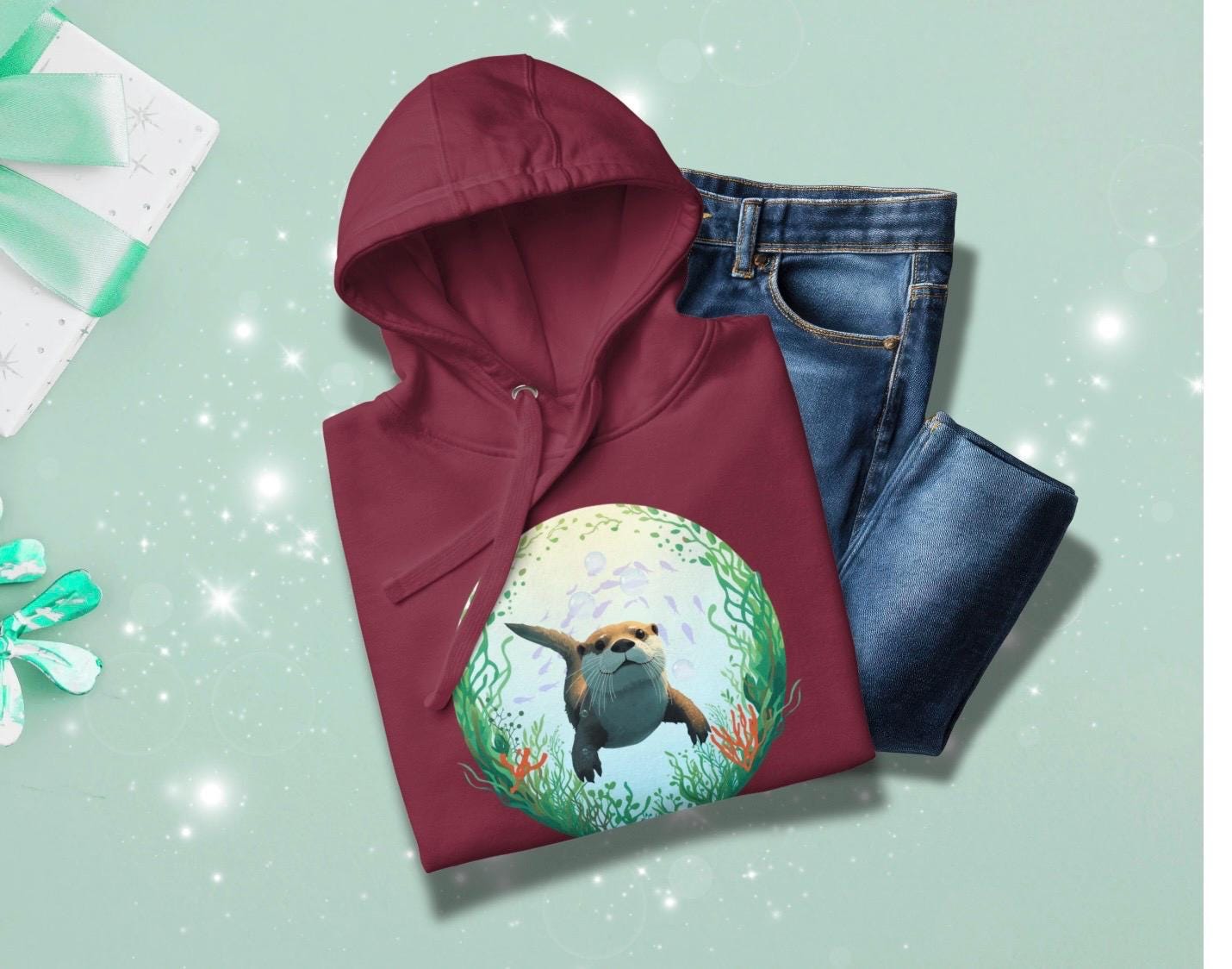 Underwater Otter Burgundy Hoodie